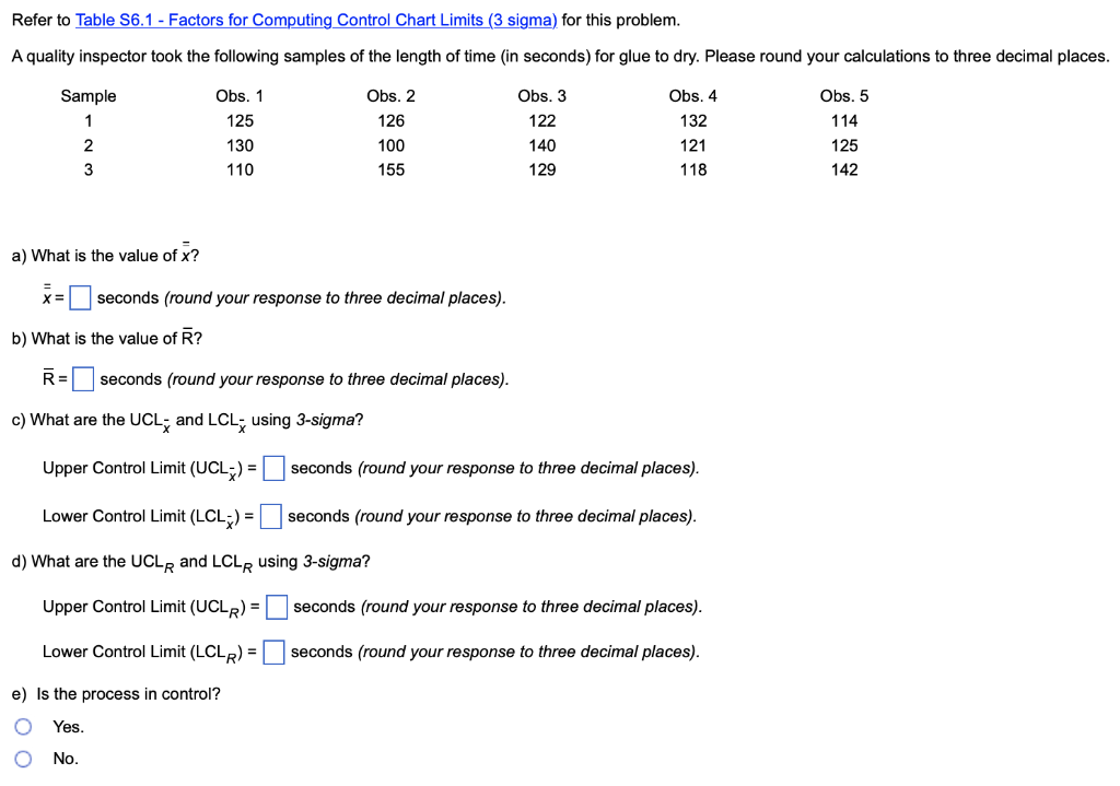 Refer to Table S6.1 - Factors for Computing
