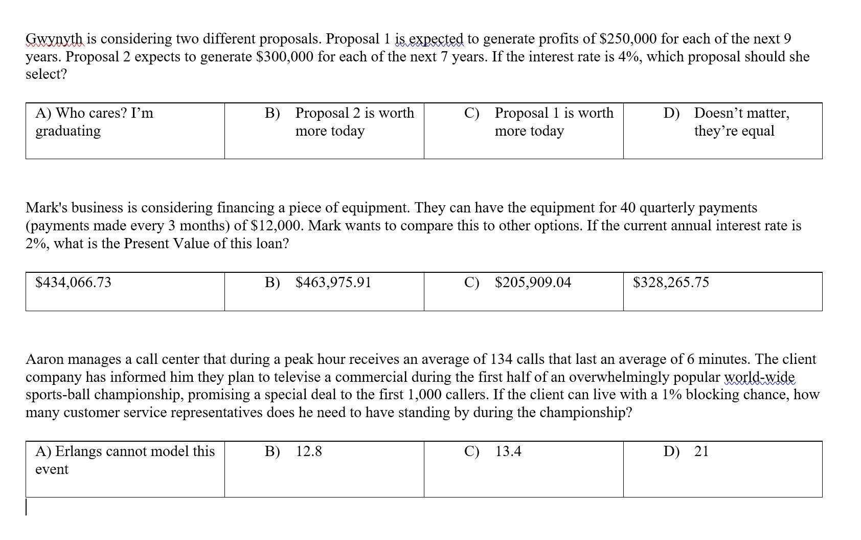 Gwynyth is considering two different proposals.