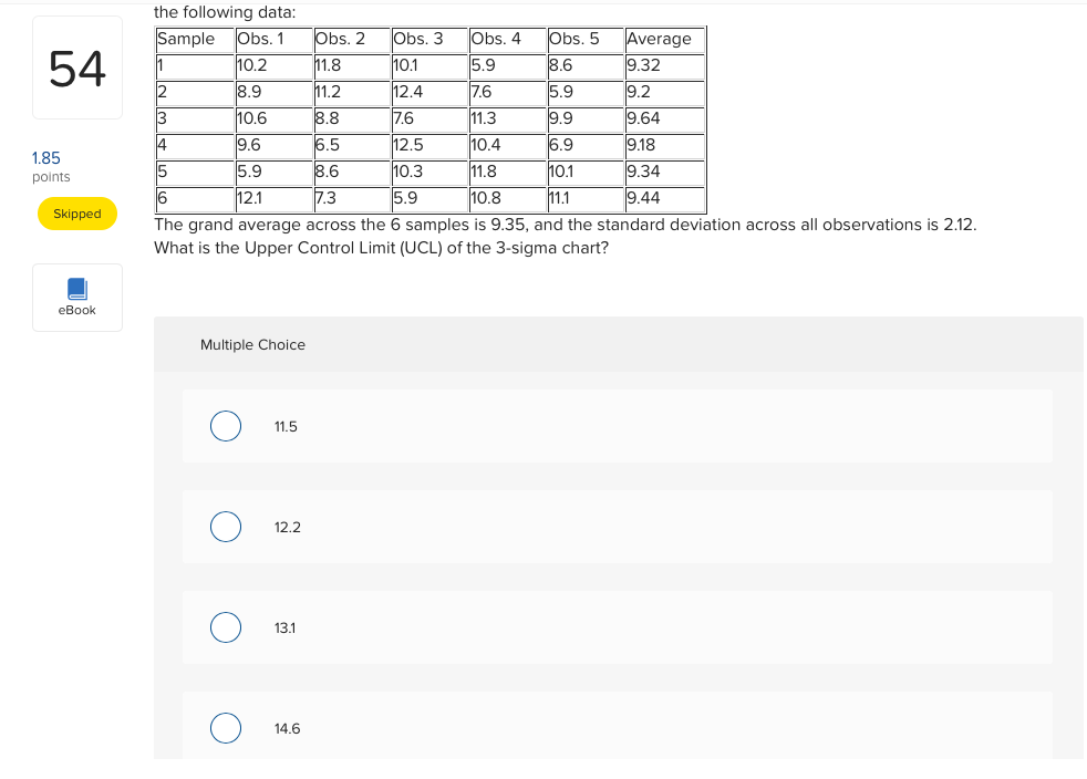 54 the following data: Sample Obs. 1 Obs. 2 |