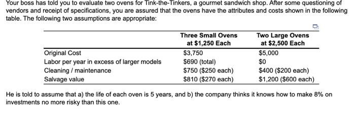 Your boss has told you to evaluate two ovens for