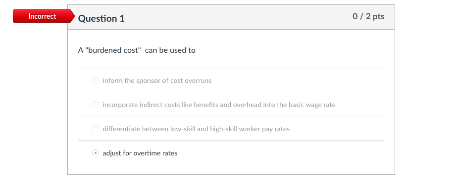 Incorrect Question 1 A "burdened cost" can be