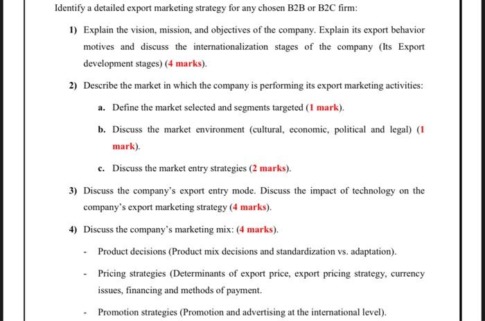 Identify a detailed export marketing strategy for