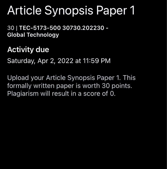 write one Article Synopsis Paper Article Synopsis