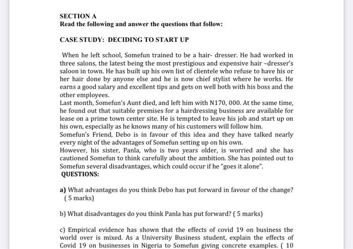 SECTION A Read the following and answer the