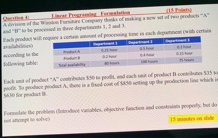 Question 4: Linear Programing Formulation (15