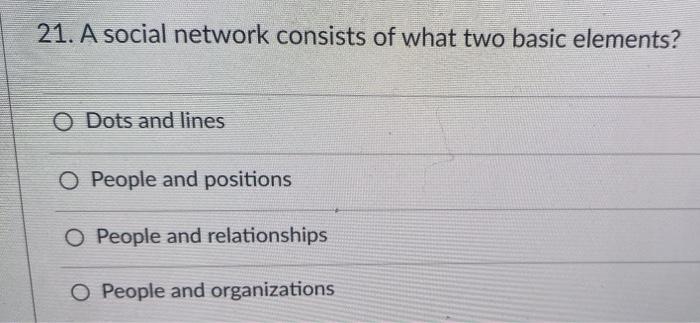 21. A social network consists of what two basic