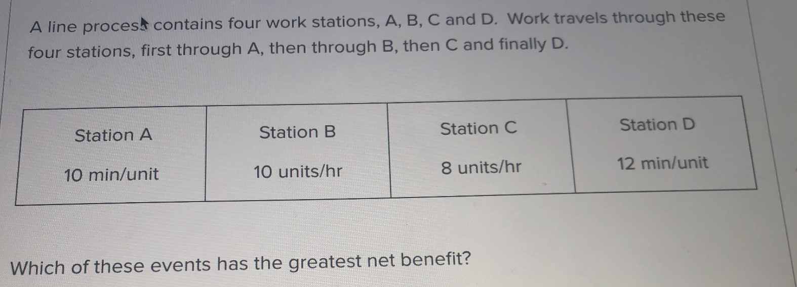 A line process contains four work stations, A, B,