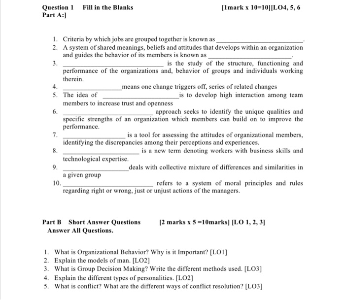 Question 1 Fill in the Blanks Part A: [1 mark x