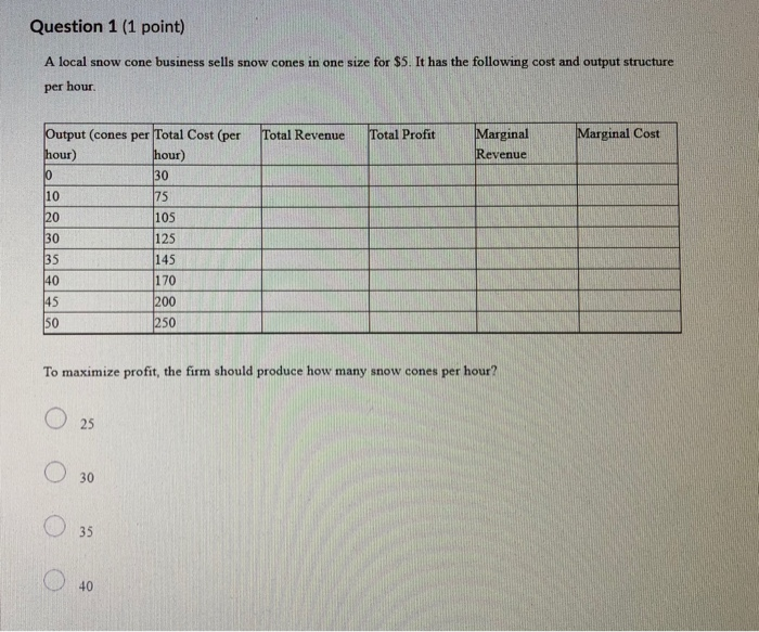 please help Question 1 (1 point) A local snow