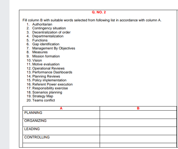 Fill column B by putting suitable words from