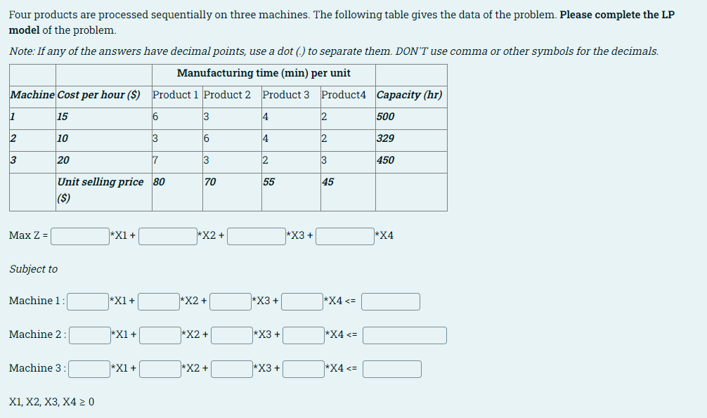 Four products are processed sequentially on three