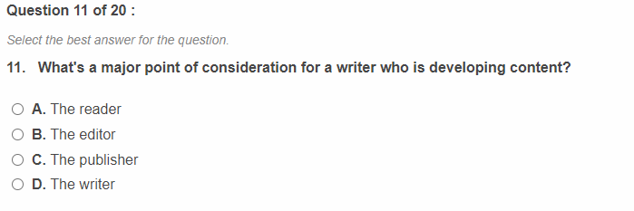 Question 11 of 20: Select the best answer for the