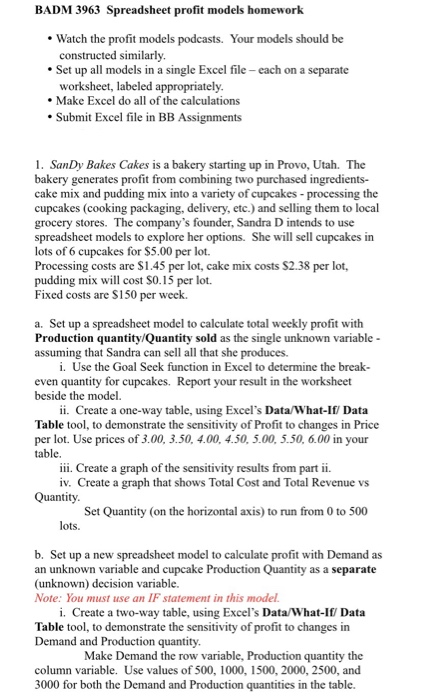 BADM 3963 Spreadsheet profit models homework
