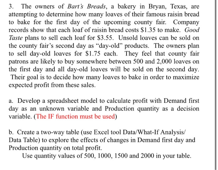 BADM 3963 Spreadsheet profit models homework