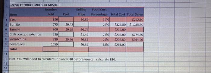 2 MENU PRODUCT MIX SPREADSHEET Number Selling