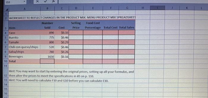 2 MENU PRODUCT MIX SPREADSHEET Number Selling