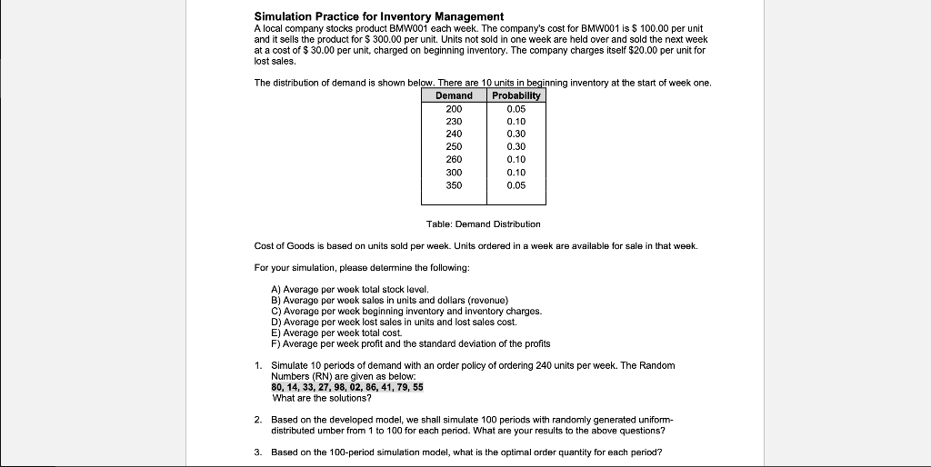 Answer has to be shown in excel please Simulation