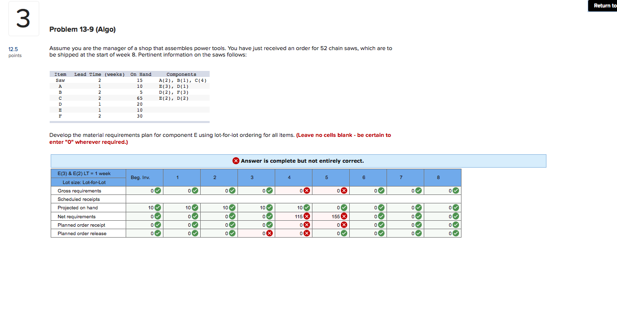 Return to 3 Problem 13-9 (Algo) 12.5 points