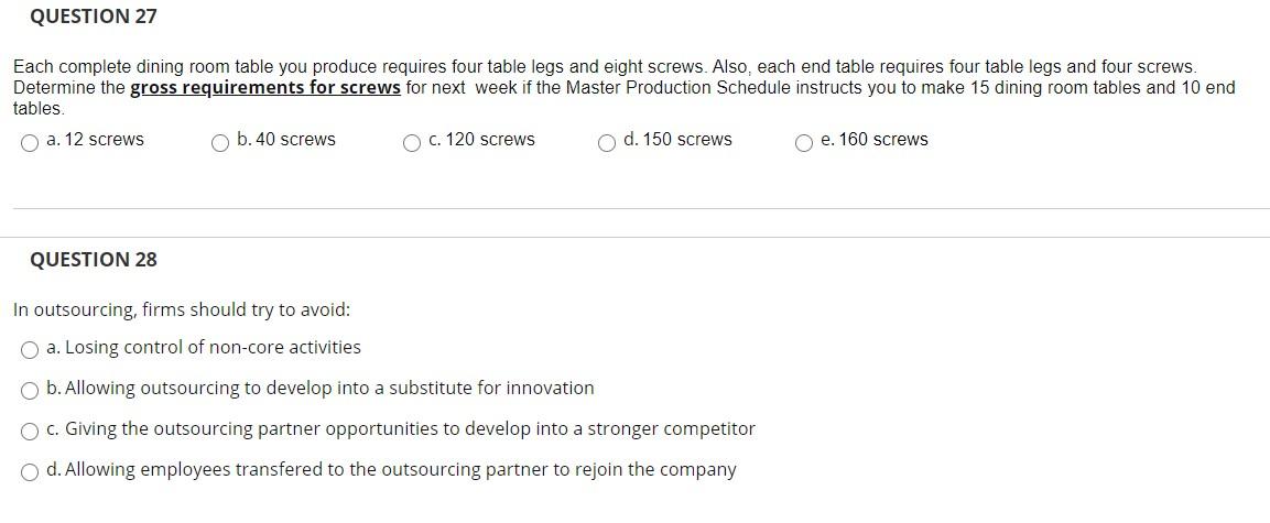 QUESTION 27 Each complete dining room table you