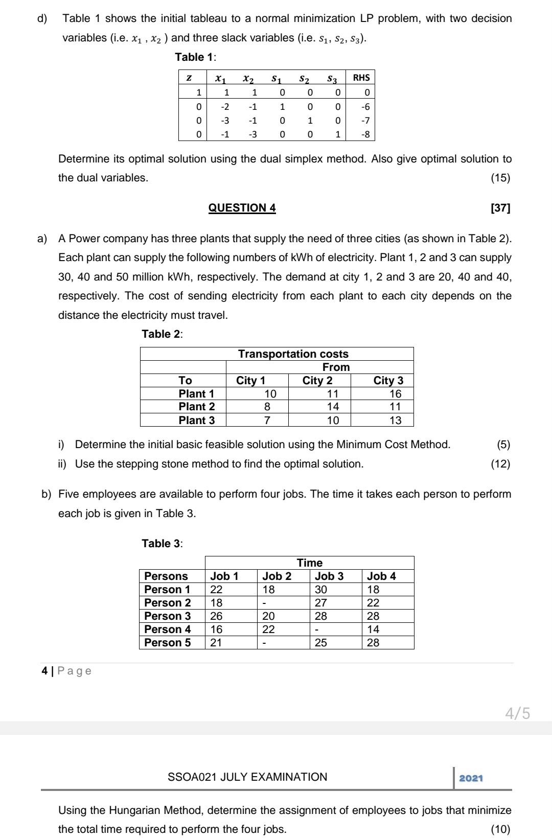 d) Table 1 shows the initial tableau a normal