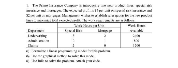 1. The Primo Insurance Company is introducing two