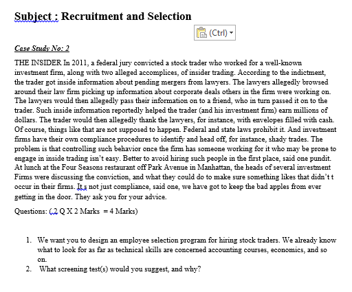 Subject: Recruitment and Selection (Ctrl) Case