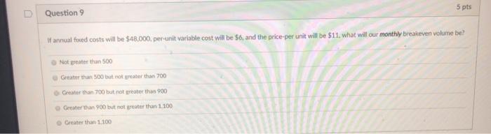 5 pts Question 9 If annual fixed costs will be