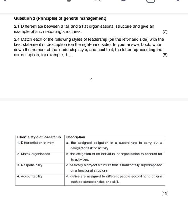 Question 2 (Principles of general management) 2.1