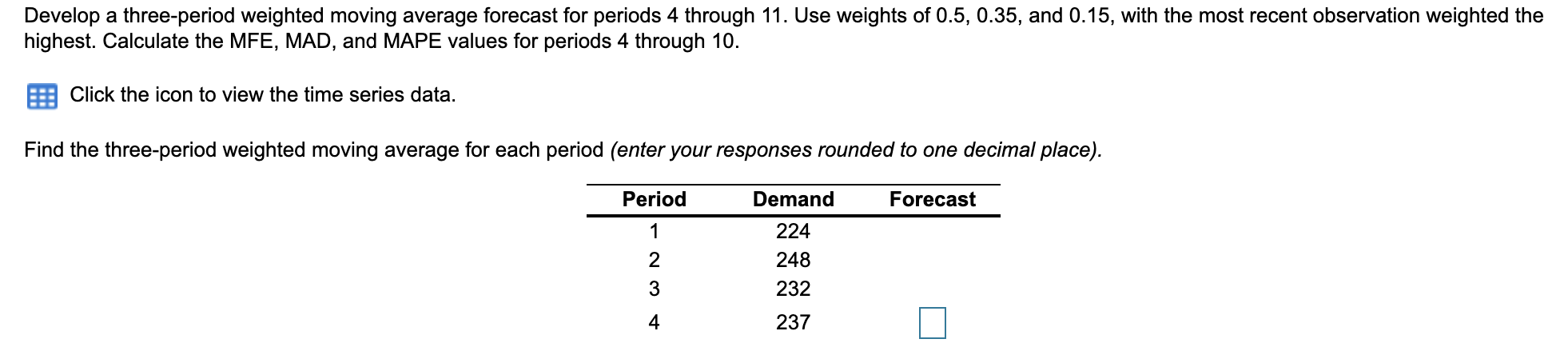 Develop a three-period weighted moving average