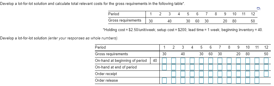 Develop a lot-for-lot solution and calculate