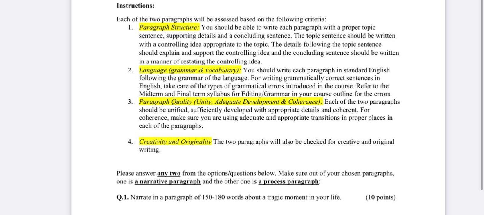 Instructions: Each of the two paragraphs will be