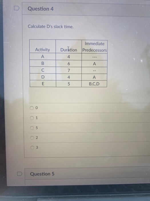 calculate D's slack time. Question 4 Calculate