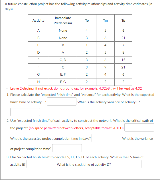 A future construction project has the following