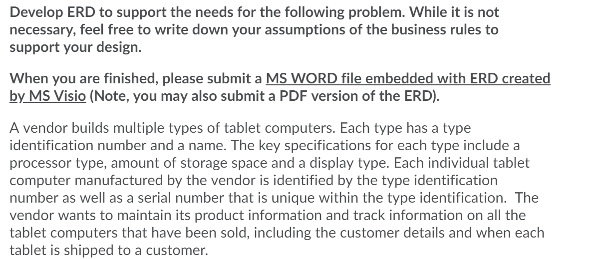 Develop ERD to support the needs for the