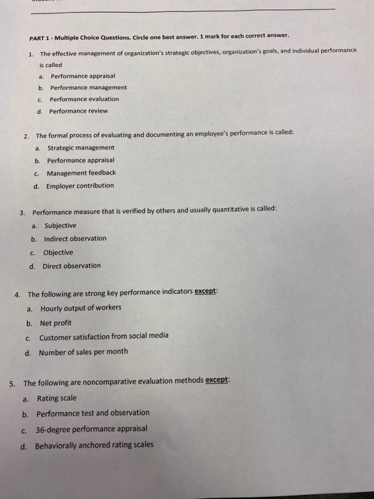 PART 1 - Multiple Choice Questions. Circle one