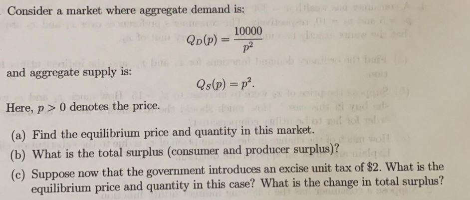 Consider a market where aggregate demand is: