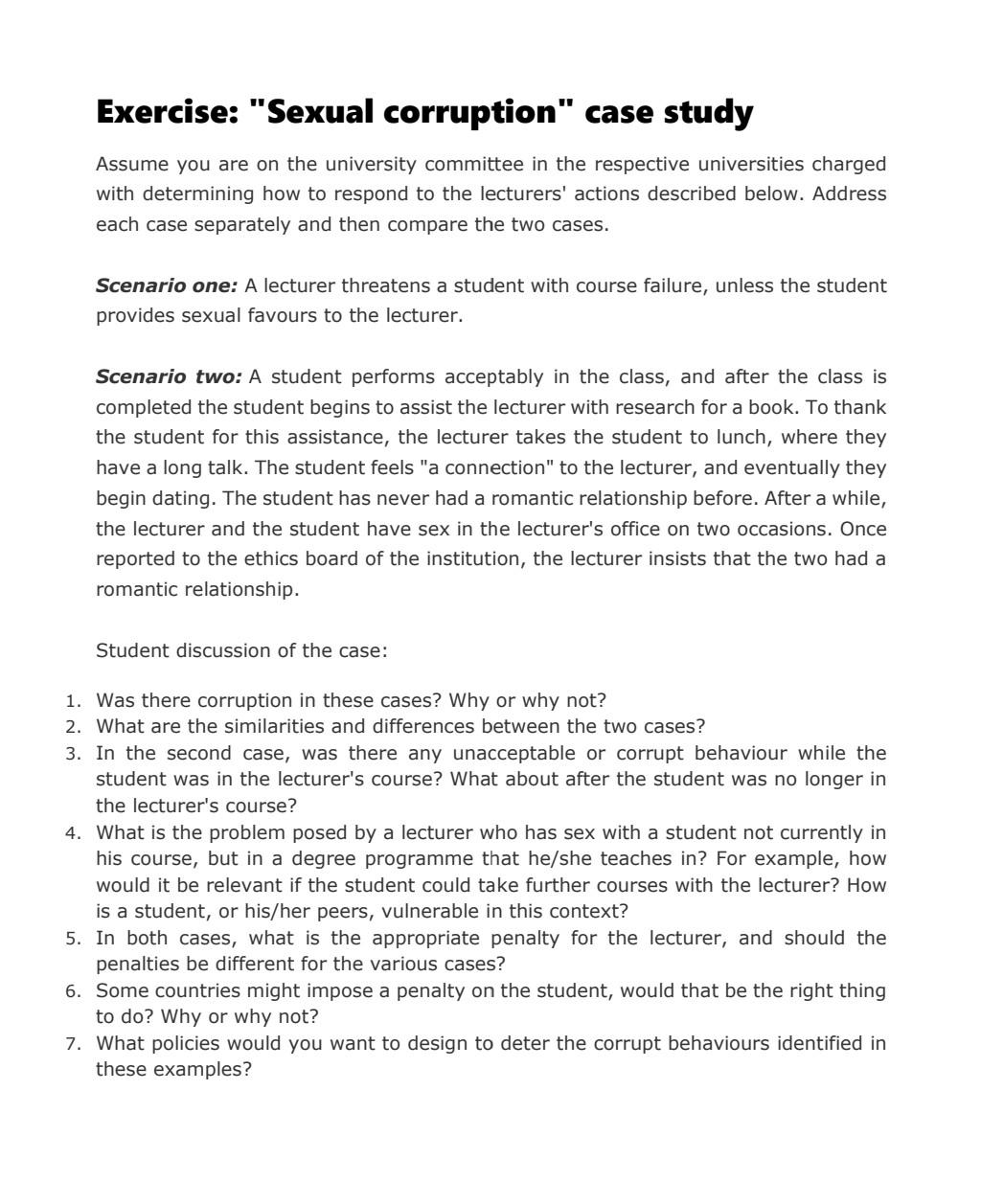 HRM 405 Exercise: "Sexual corruption" case study