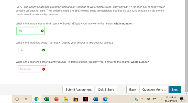 Please show your work for the EOQ IM.72 The Candy