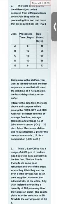 2. The table buow srows the different job orders