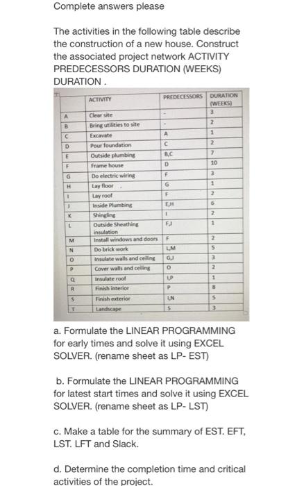 Complete Solution please Complete answers please