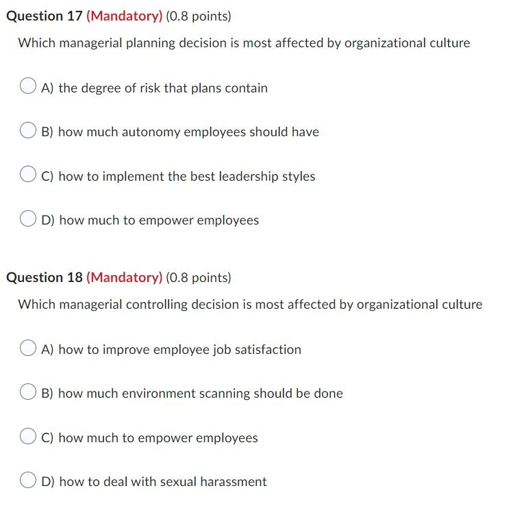 Question 17 (Mandatory) (0.8 points) Which