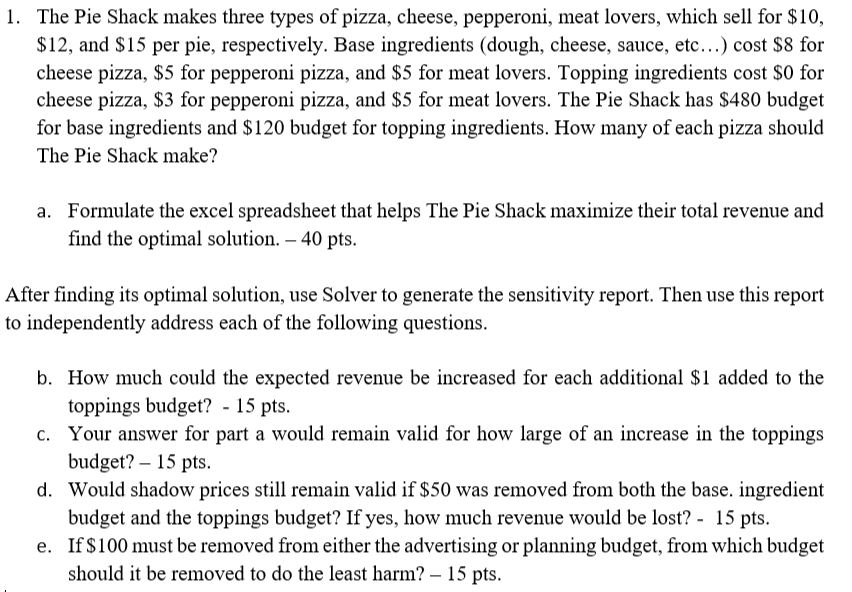1. The Pie Shack makes three types of pizza,