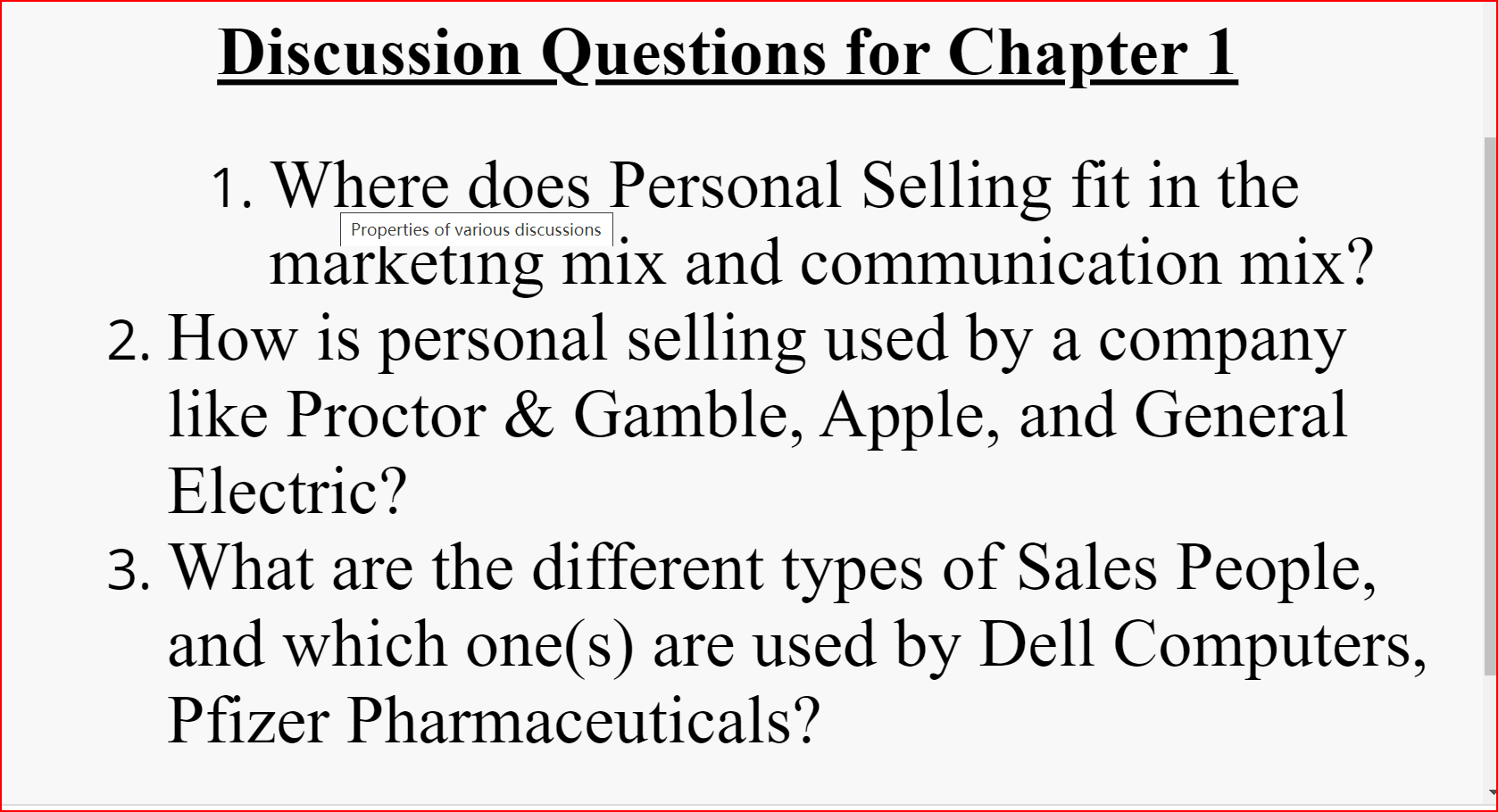 Discussion Questions for Chapter 1 Properties of