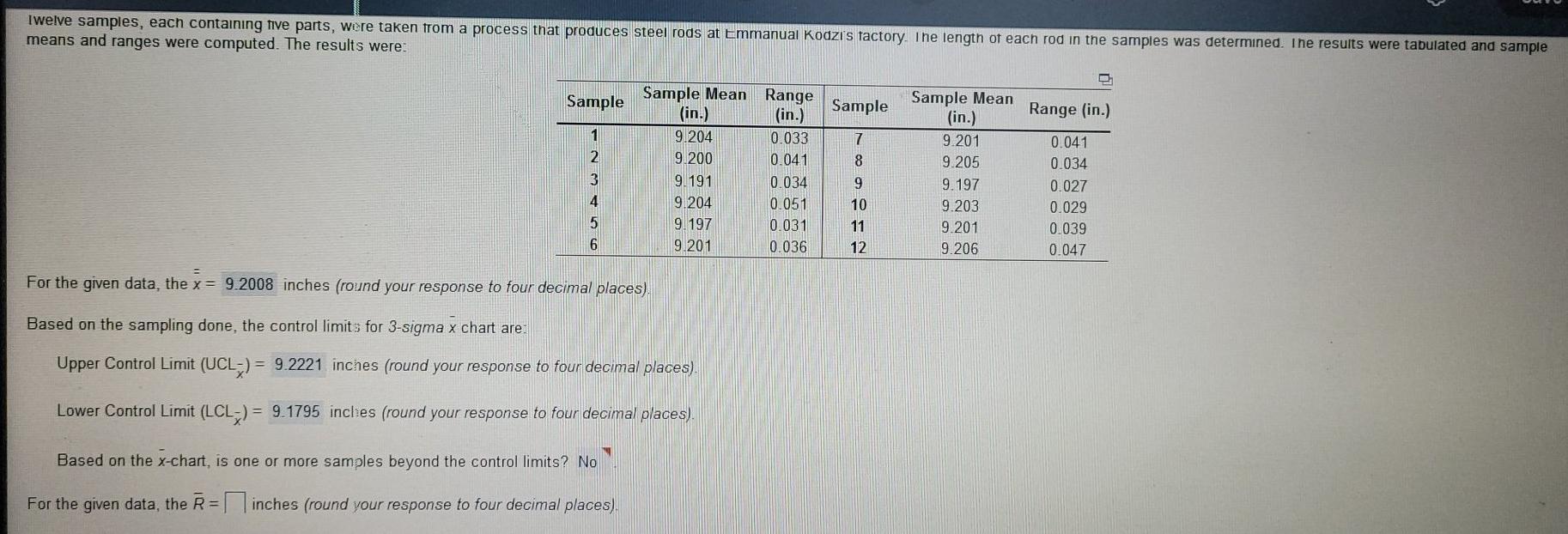 Twelve samples, each containing five parts, were