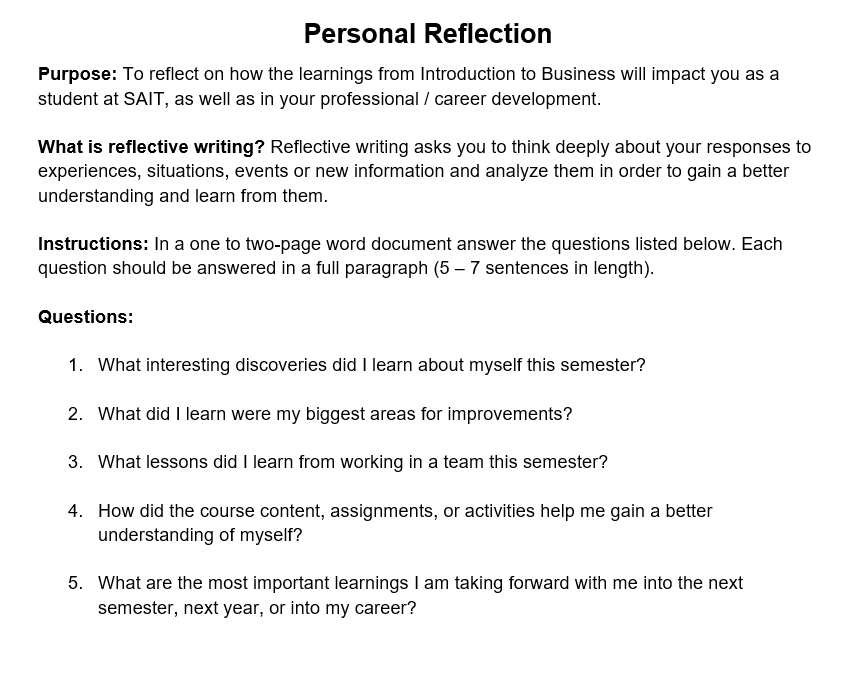 Personal Reflection Purpose: To reflect on how