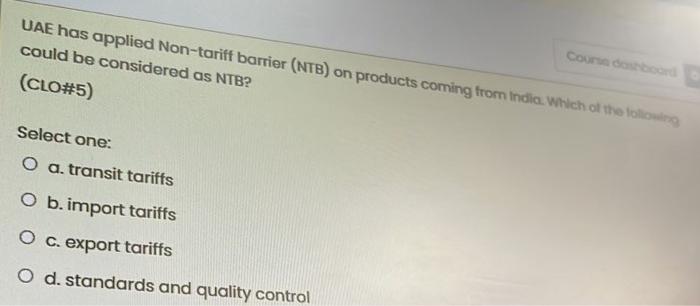 Course dashboard UAE has applied Non-tariff