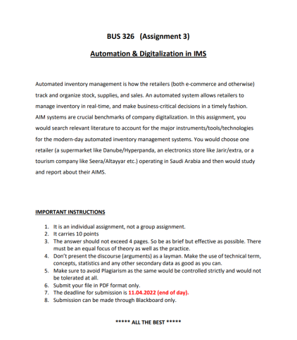 BUS 326 (Assignment 3) Automation &