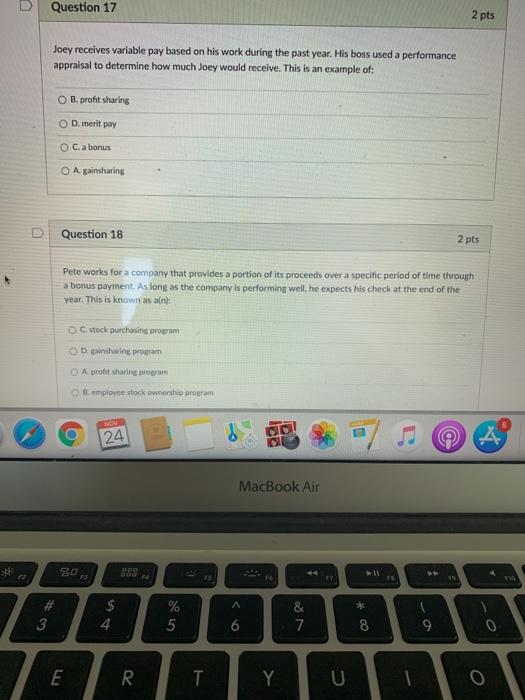Question 17 2 pts Joey receives variable pay