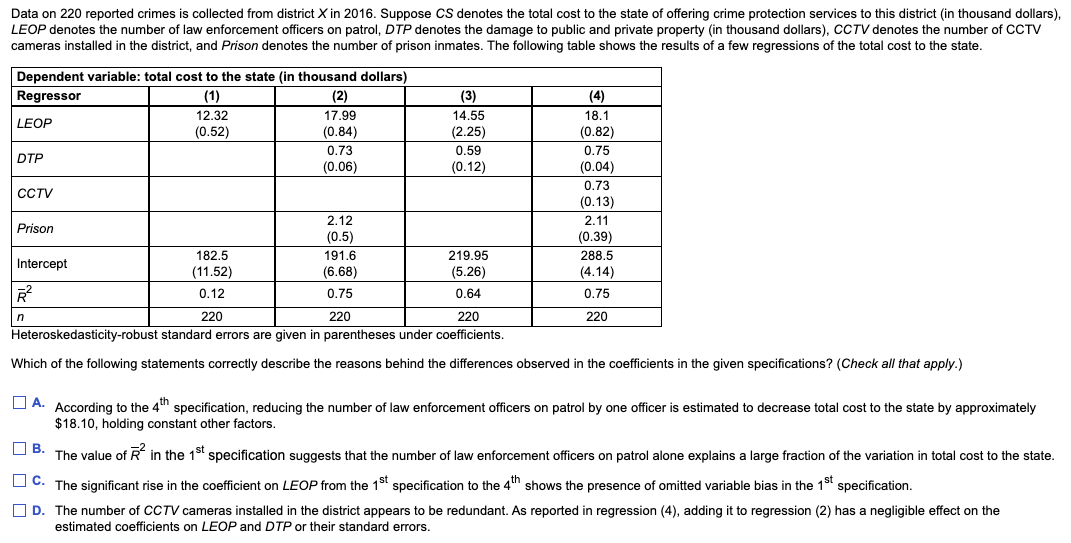 Data on 220 reported crimes is collected from