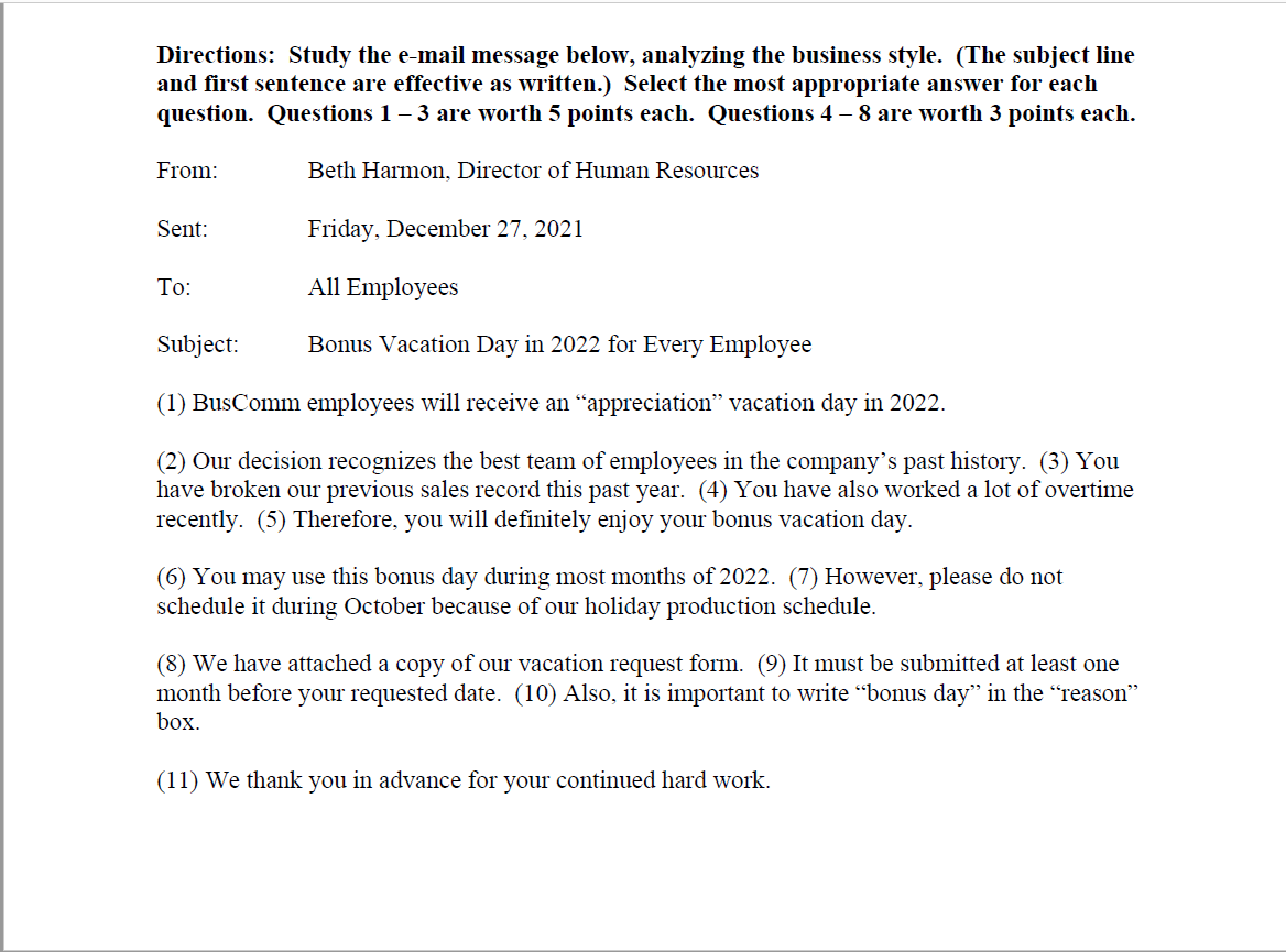 Directions: Study the e-mail message below,